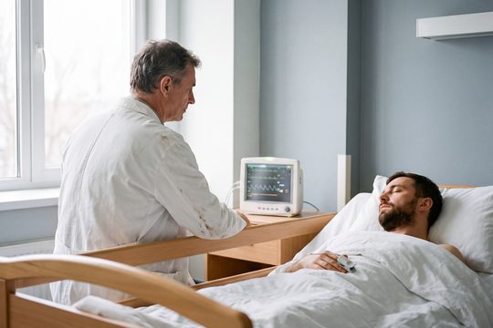 Лікар перевіряє показники монітора біля пацієнта